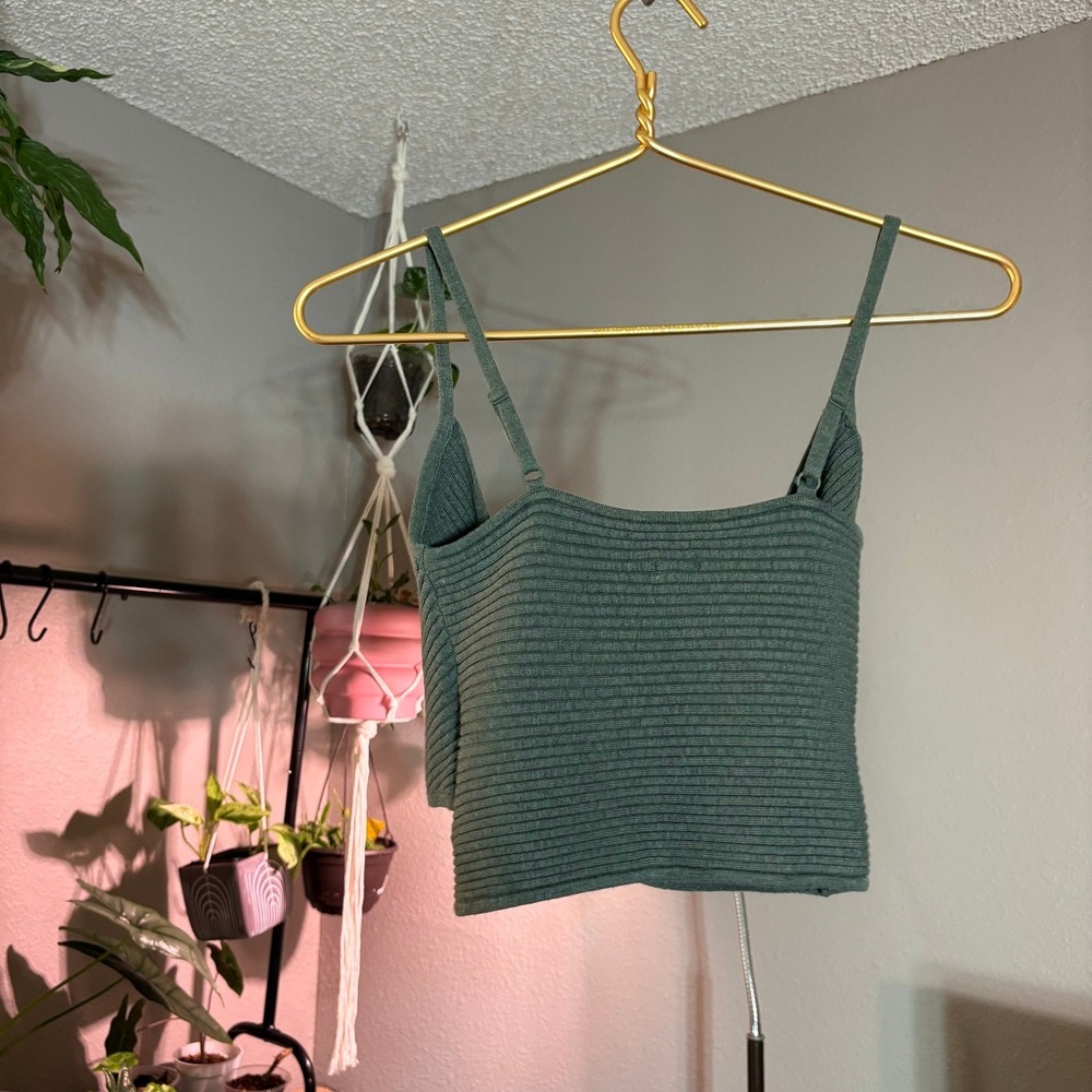 Aerie Ribbed Wrap Tank Top Women Size S Green Surplice Cropped Cami Boho NWT - Picture 6 of 8